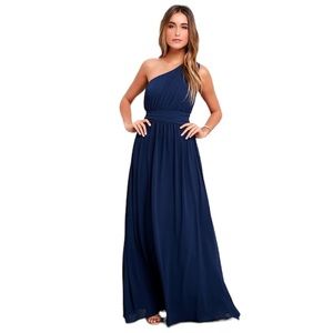Lulus Looking Glass Women's Large One-Shoulder Maxi Dress Navy Blue